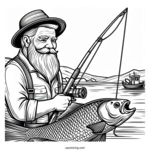 Old Man Holding Large Fish And Fishing Coloring Page Rod For Kids