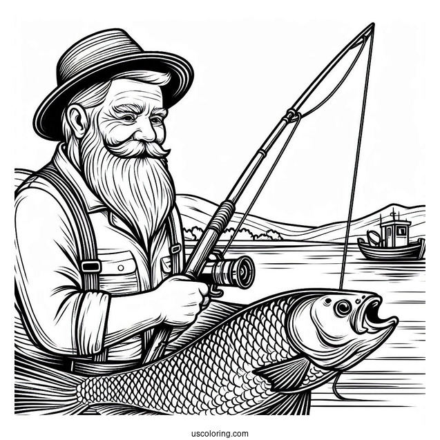 Old Man Holding Large Fish And Fishing Coloring Page Rod For Kids