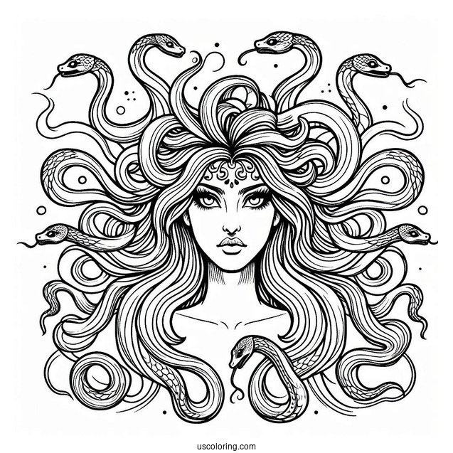 Pretty Medusa Coloring Page With Detailed Snakes