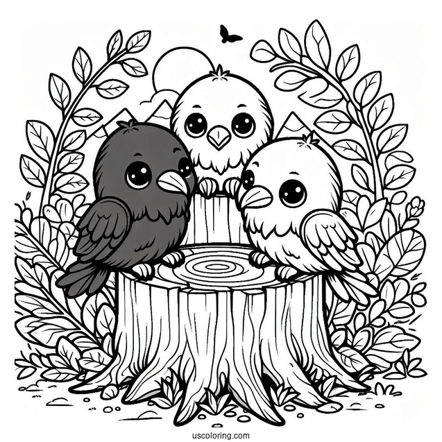 Three Chibi Raven Coloring Page Living Inside A Tree Stump For Kids