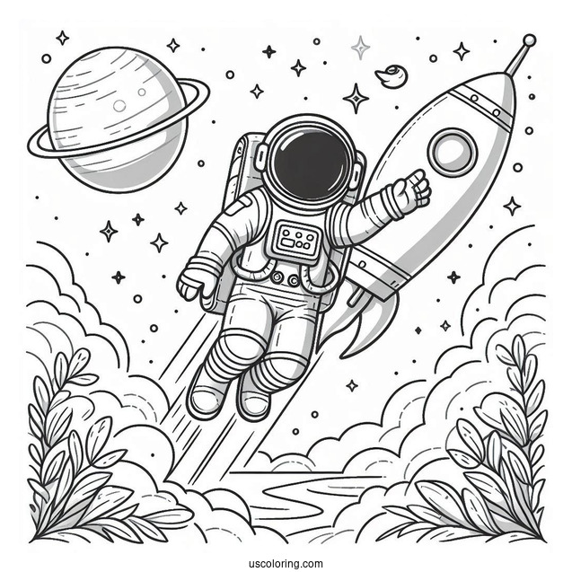 Astronaut Doing Space Walk With Rocket To Color