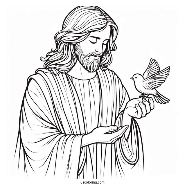 Peaceful Jesus Coloring Pages Holding A Bird For Kids