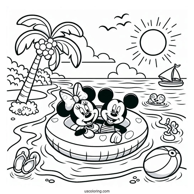 Swimming Coloring Page Of Mickey Mouse And Minnie Mouse On An Inflatable At The Beach