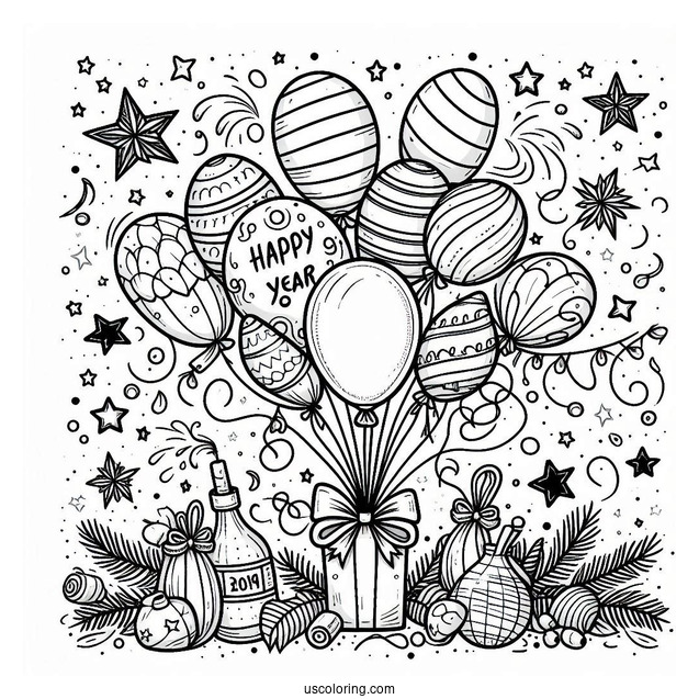Happy New Year Coloring Page Of Balloons, Stars, And Confetti