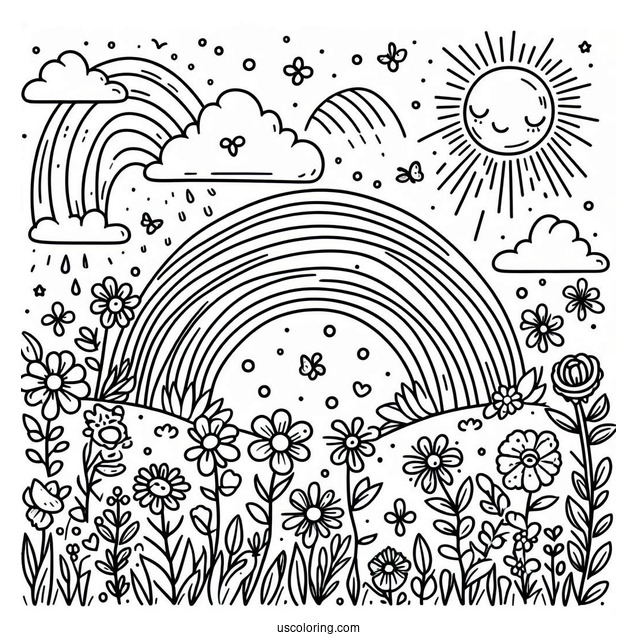 Spring Coloring Page Sun, Rainbow And Flower Field For Preschoolers