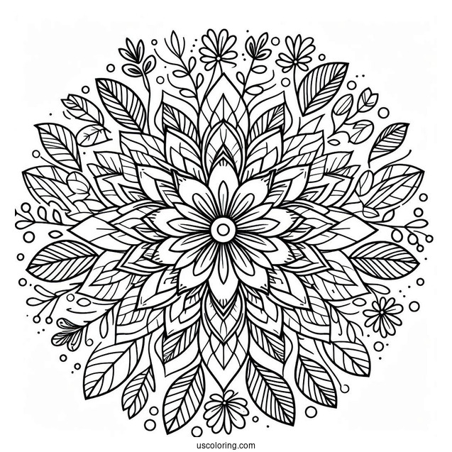 Circle Flower Mandala With Leaves Coloring Page