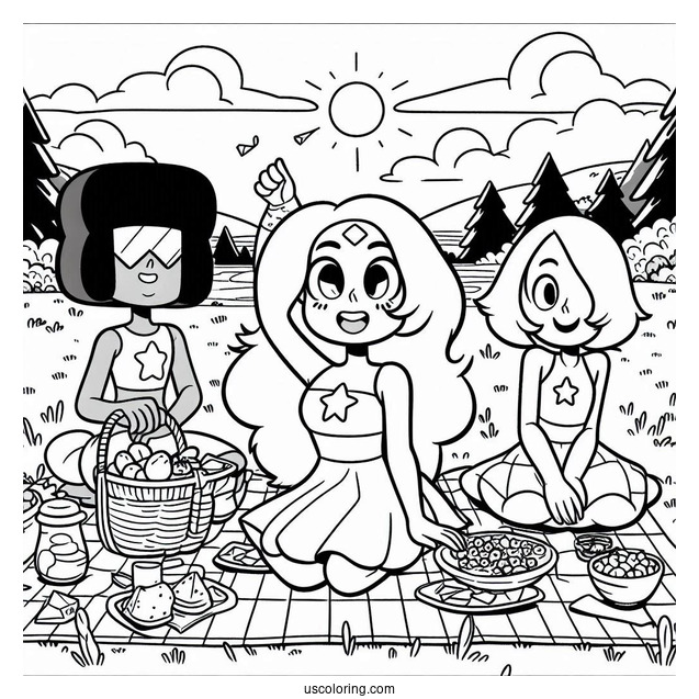 Detailed Steven Universe Coloring Page With Connie, Sardonyx, And Amethyst Having Picnic