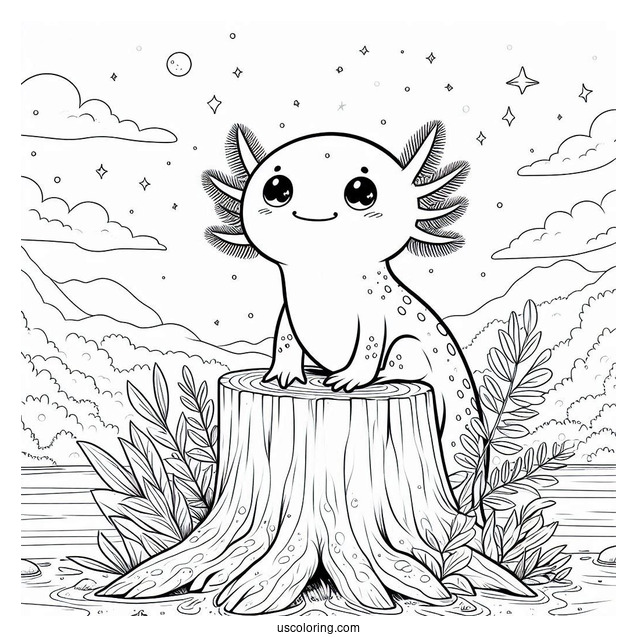 Happy Axolotl Coloring Page Standing On A Stump Under The Sea