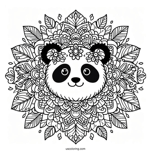 Floral Mandala with Panda Coloring Page Faces and Leaf Border Design For Adults
