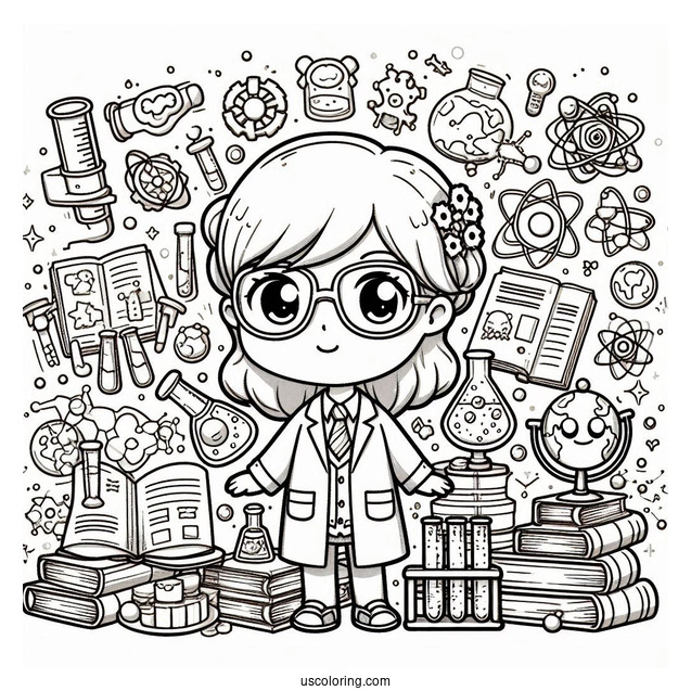 Science Coloring Page Of Chibi Scientist Surrounded By Books And Test Tubes
