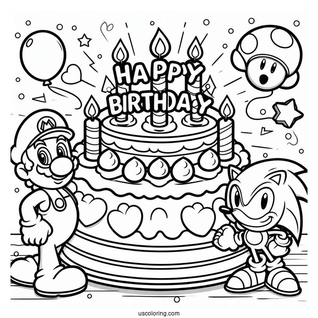 Mario And Sonic Birthday Cake Coloring In For Kids