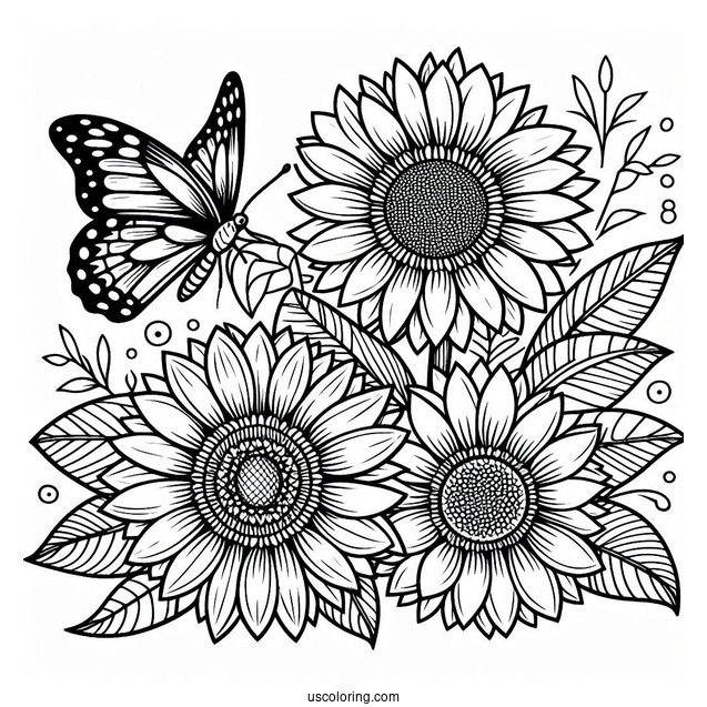 Sunflower With Butterfly Coloring Page