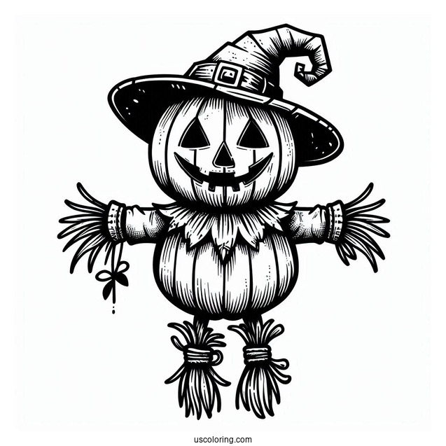 Jack O Lantern Scarecrow Coloring Page With A Top Hat On Halloween