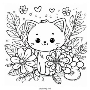 Cartoon Cat With Flowers Coloring In For Preschoolers