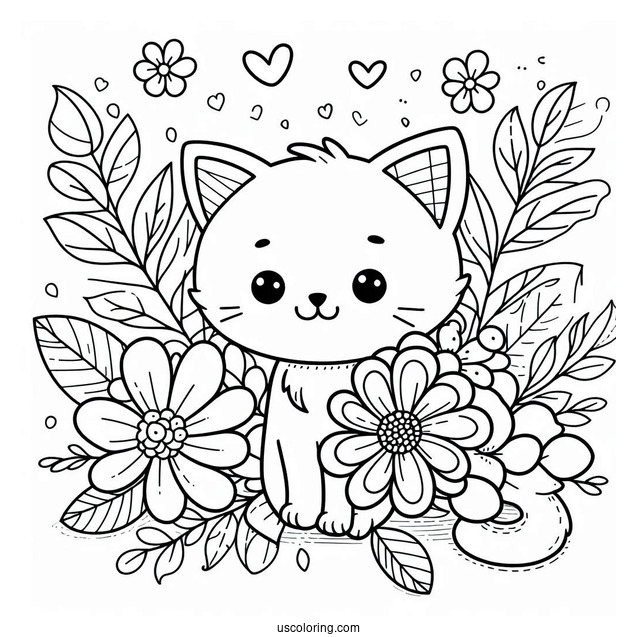 Cartoon Cat With Flowers Coloring In For Preschoolers