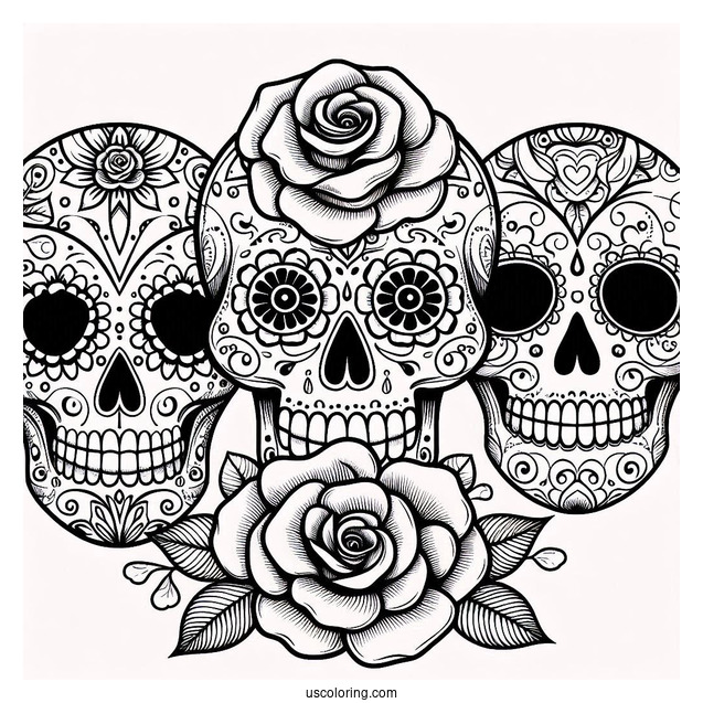 Rosey Eyed Sugar Skulls Coloring Page