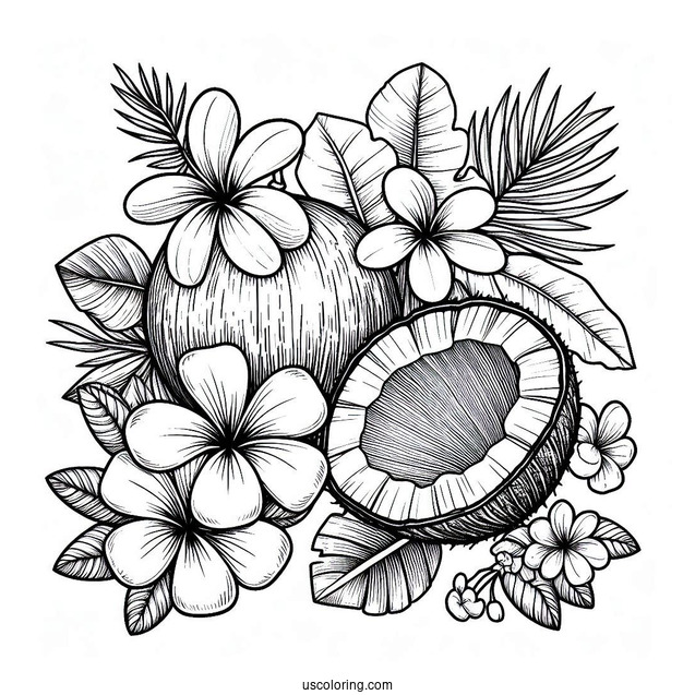 Full Page Flowers And Coconut Coloring Page