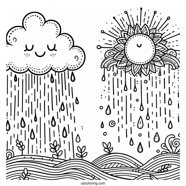 Rain Coloring Page Falling From Happy Cloud