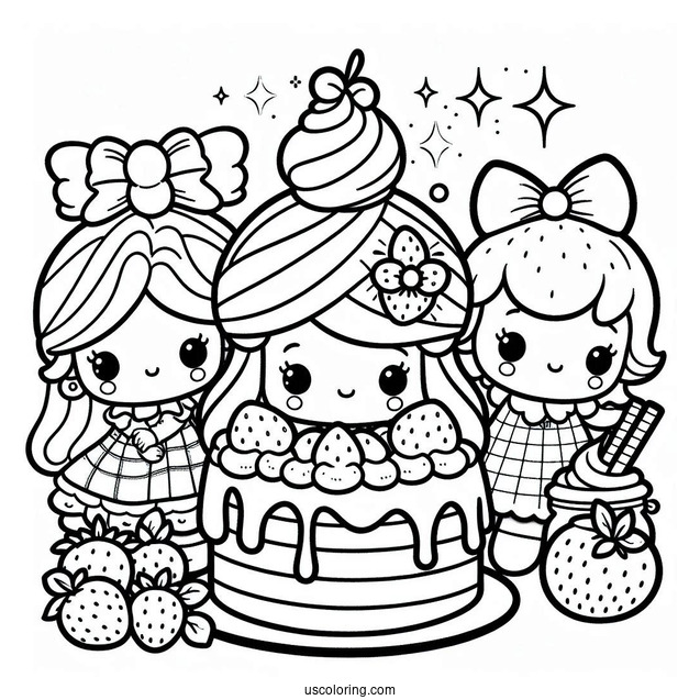 Strawberry Shortcake Coloring Page With Angel Cake, Crepe, And Ginger Snap
