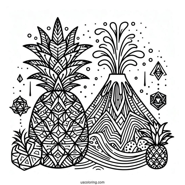 Geometric Pineapple Coloring Page With Volcano Eruption