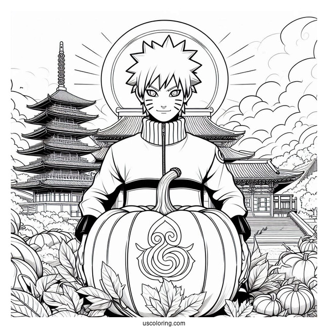 Naruto Coloring Page Of Gaara with Gourd in Front of Sun and Temples