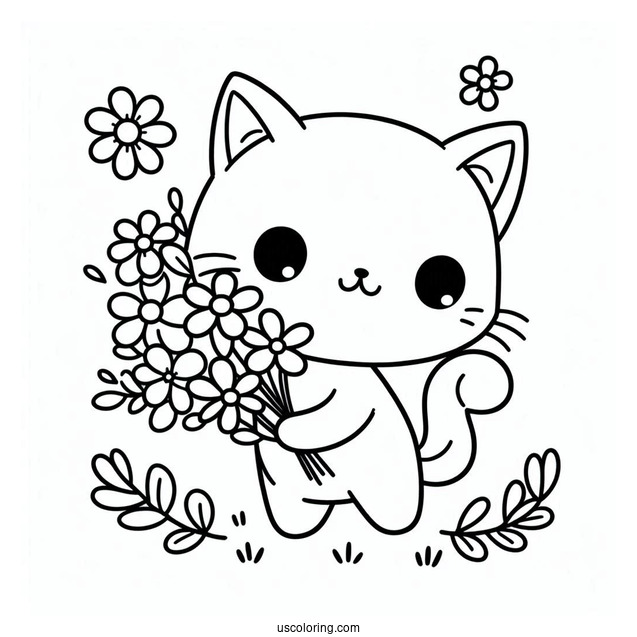 Cartoon Cat With Flowers Coloring In For Preschoolers
