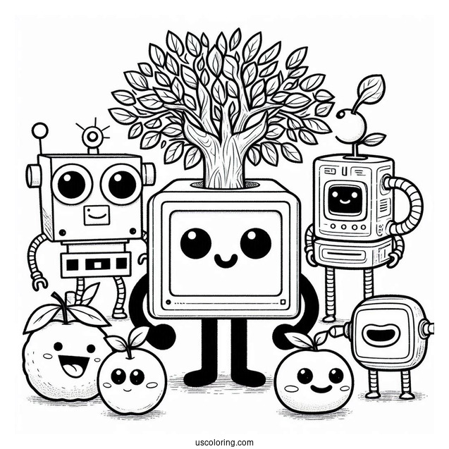 Sprunki Coloring Page Of Mr. Fun Computer, Tree, Simon, Orange, Fun Bot, Clukr, And Raddy