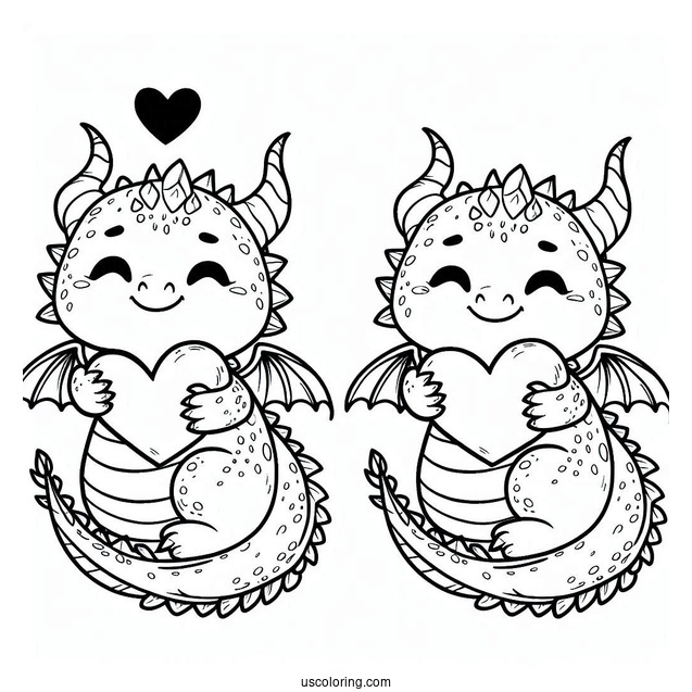 Adorable Little Dragon Hugging A Love Heart Coloring Page For Kids