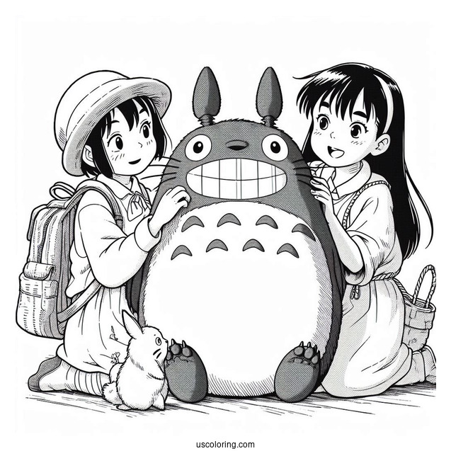 Studio Ghibli Coloring Page of Mei And Satsuki Playing With Totoro