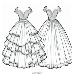 Wedding Dress Coloring Page With Short Sleeves And Tiered Tulle Tail