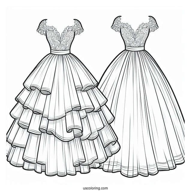 Wedding Dress Coloring Page With Short Sleeves And Tiered Tulle Tail