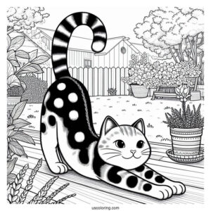 Spotted Cat Stretching In Backyard Coloring In