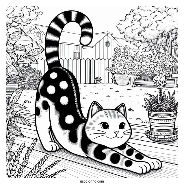 Spotted Cat Stretching In Backyard Coloring In