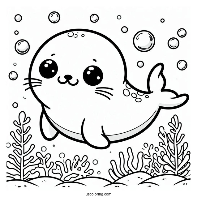 Chibi Cartoon Seal Coloring Page Underwater