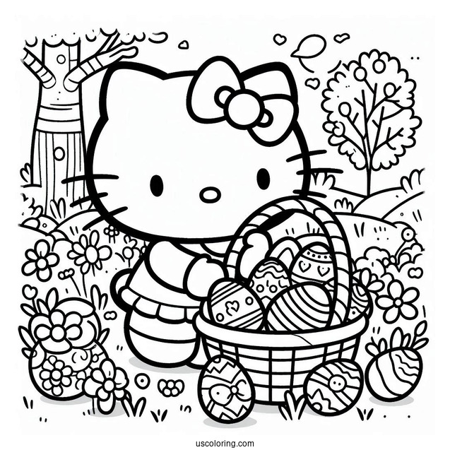 Hello Kitty Collecting Eggs Easter Coloring Page For Kids