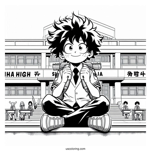 Deku Coloring Page In Front Of UA High School
