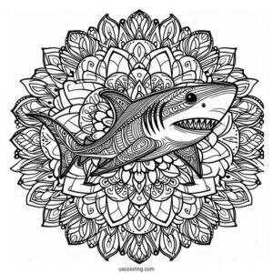 Mandala With Shark Coloring Page Outline