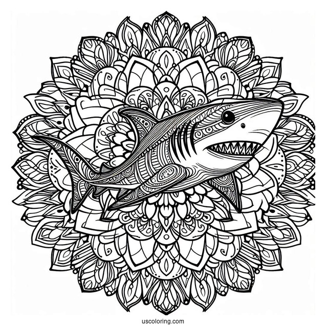 Mandala With Shark Coloring Page Outline