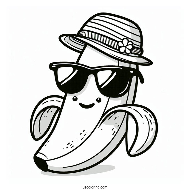 Banana Coloring Page With A Hat And Sunglasses For Kids