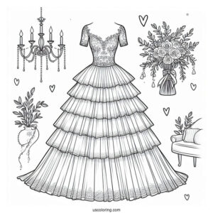 Wedding Dress Coloring Page With Short Sleeves And Tiered Tulle Tail