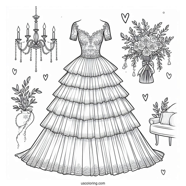 Wedding Dress Coloring Page With Short Sleeves And Tiered Tulle Tail