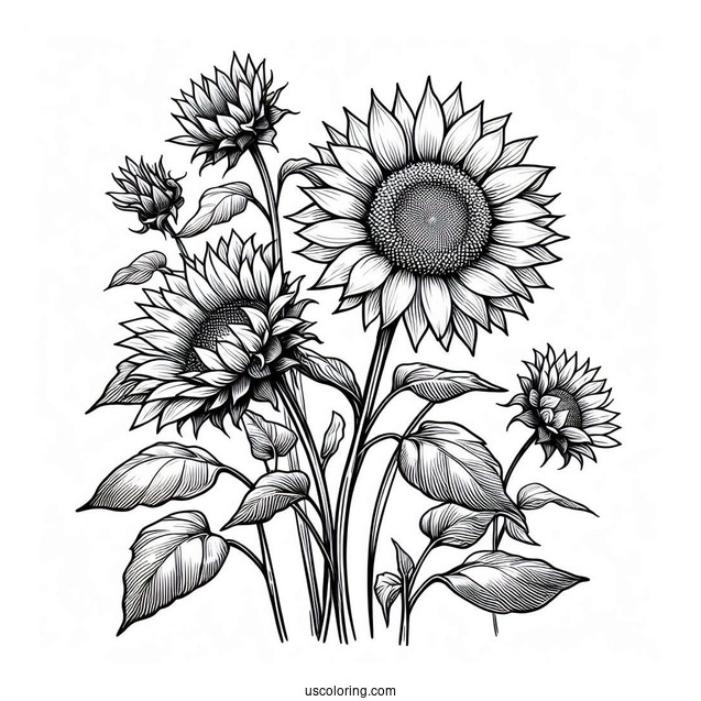 Sunflowers In Field To Color