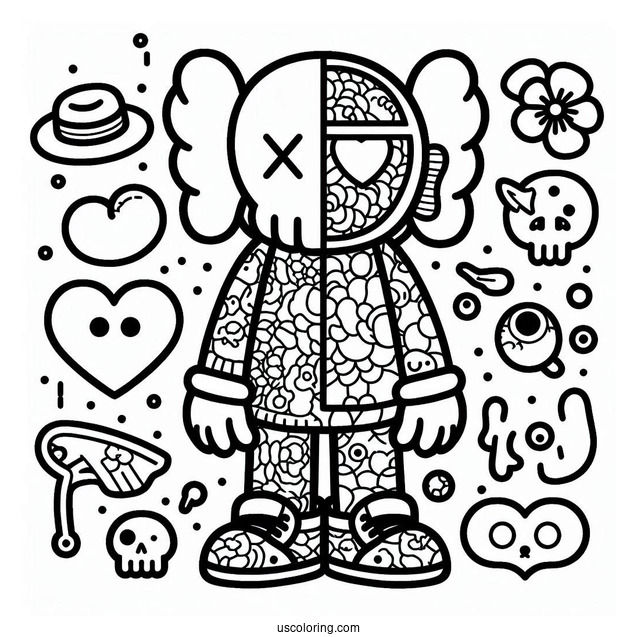 Dissected KAWS Coloring Page Companion With Hippie Elements