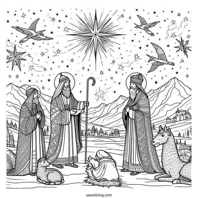 Simple Nativity Coloring Page With The Wise Men
