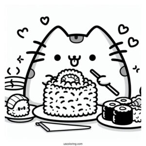 Pusheen Eating Rice And Sushi Coloring Page