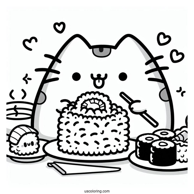 Pusheen Eating Rice And Sushi Coloring Page