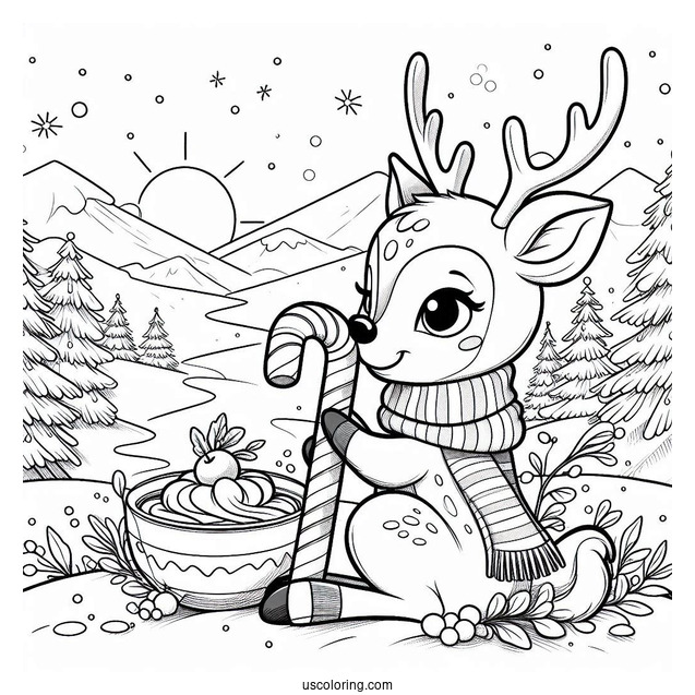 Christmas Coloring Pages For Adults Of Rudolph Biting Candy Cane In Snowy Landscape