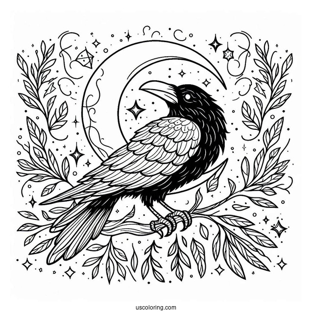 Magical Raven Coloring Page With Crescent Moon And Stars