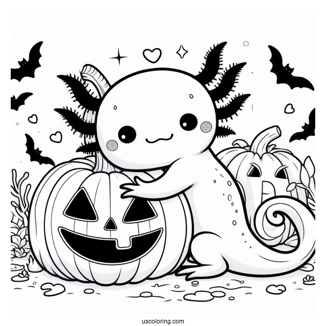 Kawaii Axolotl Coloring Page Hugging A Jack O Lantern