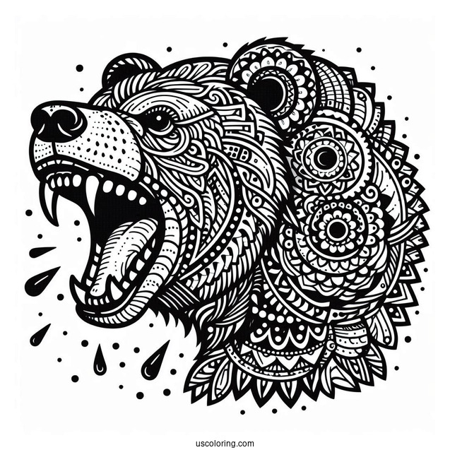 Roaring Bear Coloring Page With Sharp Teeth Mandala